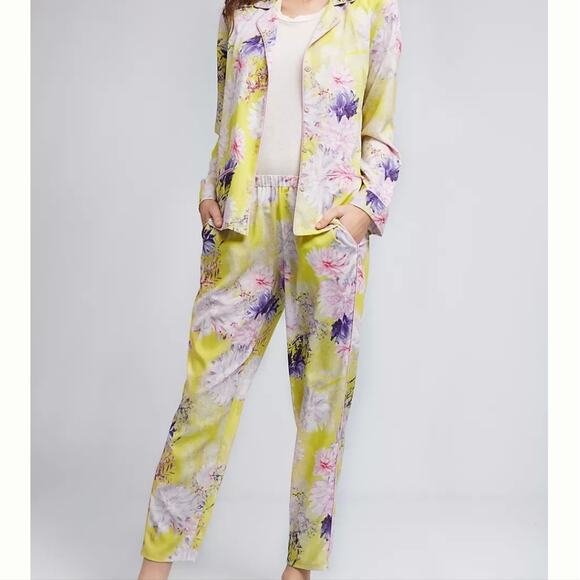 Anthropologie By Eloise Yellow Floral Satin Pajama Pant Sleepwear Small - Picture 2 of 12